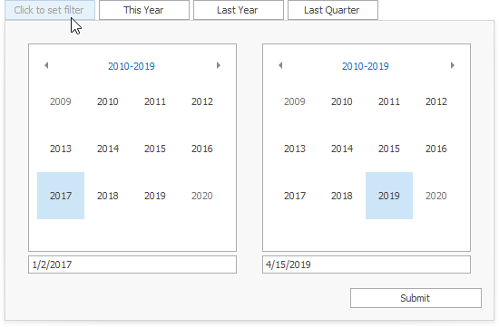 Filtro de data - menu suspenso do selecionador de data