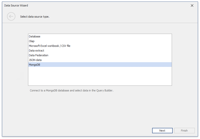 Data Source Wizard DataBase MongoDB